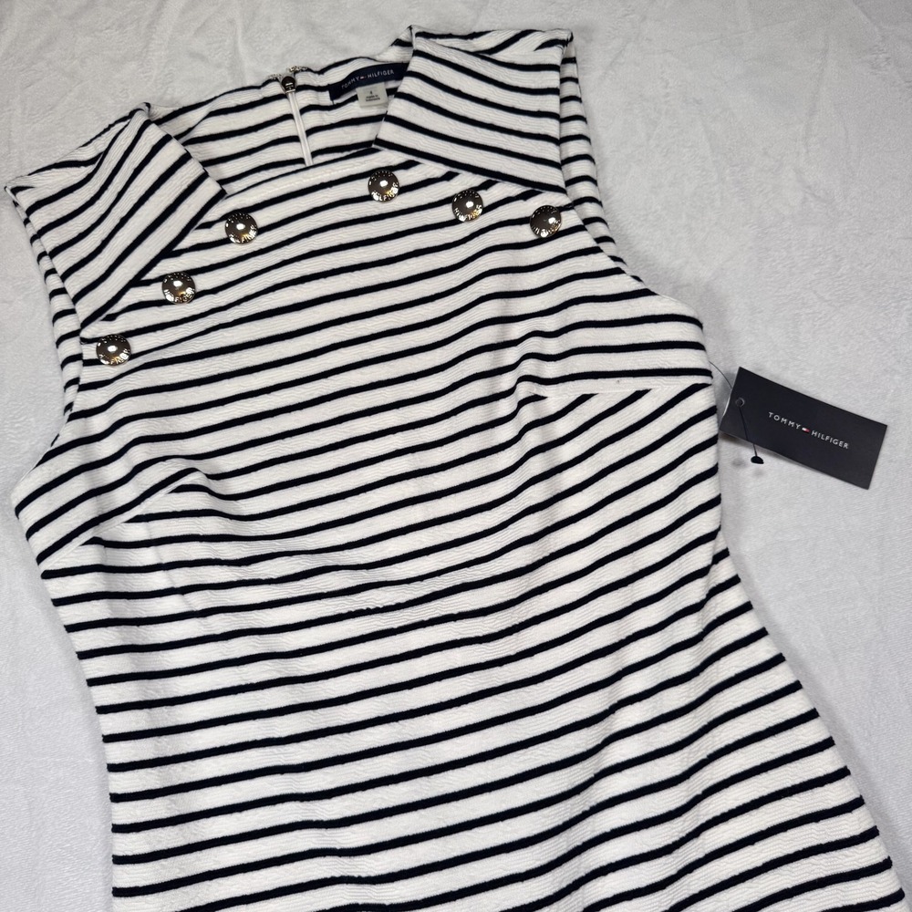 NWT TOMMY HILFIGER Women's Size 4 Black White Striped Sleeveless‎ Midi Dress